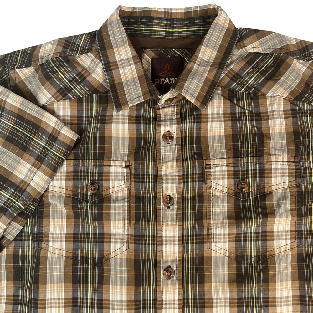 prAna Mens M Murdock Slim Fit Button Down Shirt Brown Plaid Organic Cotton Blend